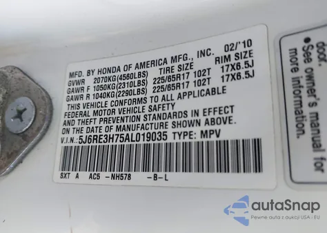 2010 Honda Cr-V Ex-L from USA, damaged, VIN 5J6RE3H75AL019035